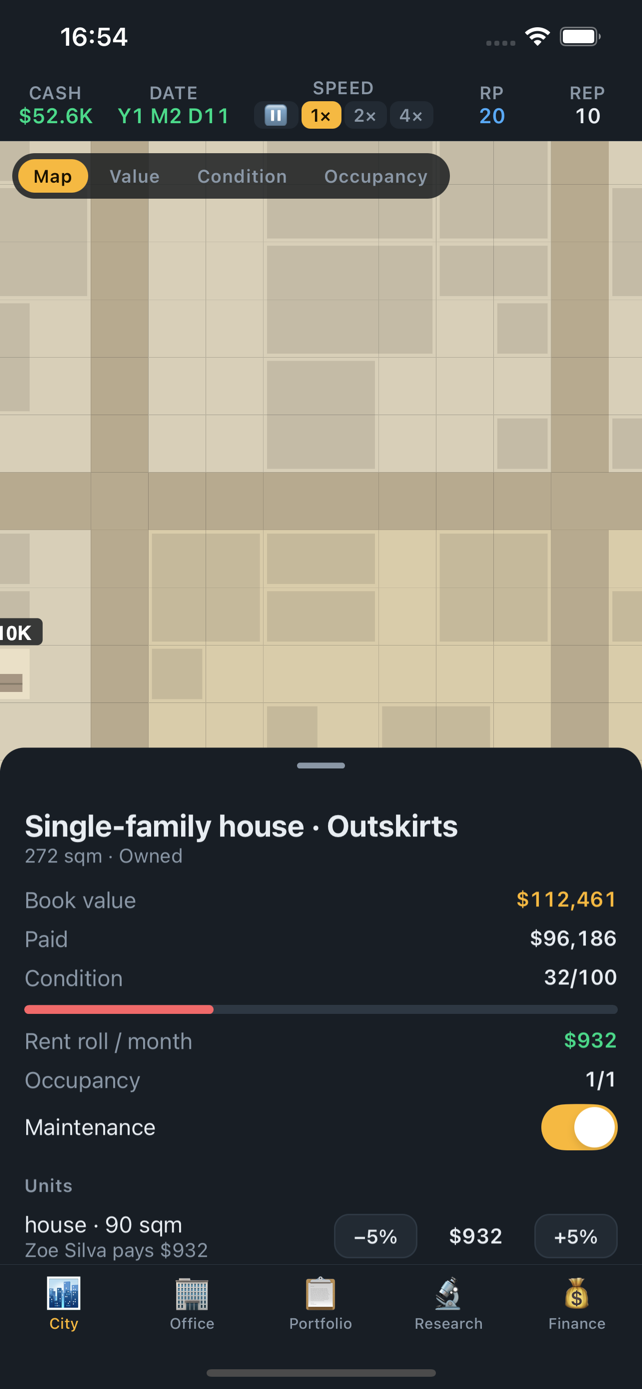 The city map with listings, owned buildings and a tutorial hint