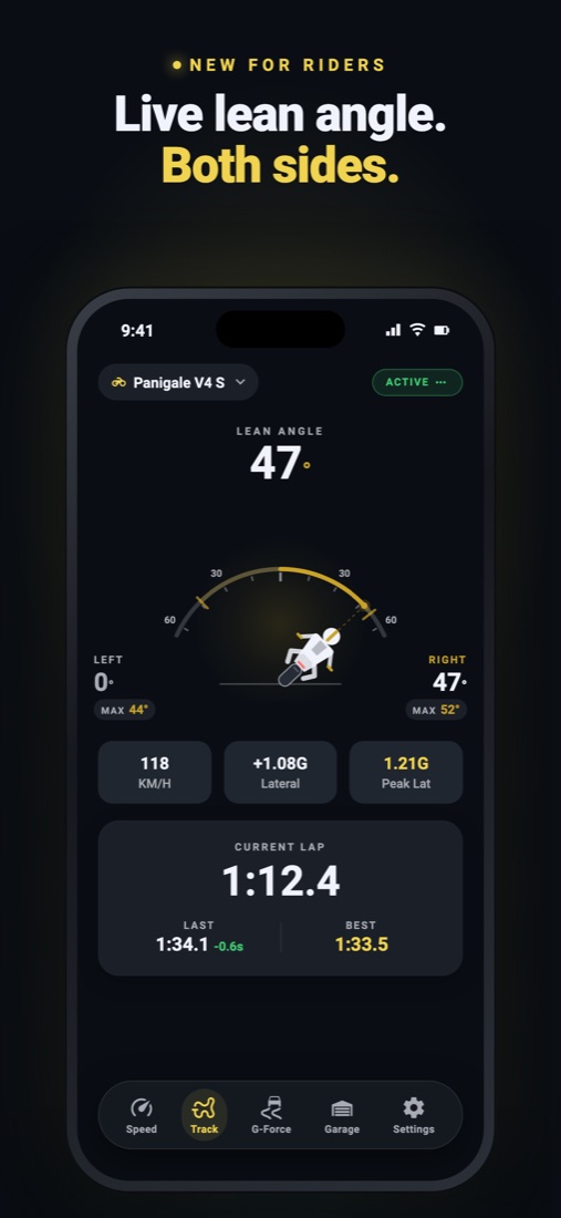 Live lean angle gauge with a leaning rider
